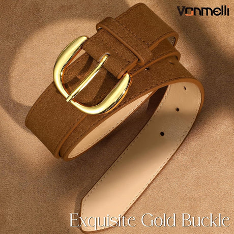 Women Suede Leather Belt for Jeans Dresses Ladies Waist Belt with Retro Gold Buckle