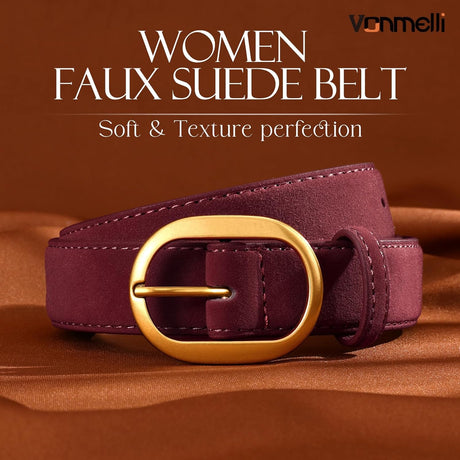 Womens Suede Belt for Jeans Dresses Burgundy Ladies Leather Waist Belts with Vintage Gold Buckle, M