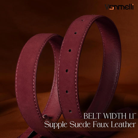 Womens Suede Belt for Jeans Dresses Burgundy Ladies Leather Waist Belts with Vintage Gold Buckle, M