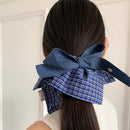 Large Blue Plaid Denim Bow Scrunchie for Women Girls, Hair Scarf Hair Band Hair Tie Elegant Headband Accessory (Blue)