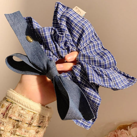 Large Blue Plaid Denim Bow Scrunchie for Women Girls, Hair Scarf Hair Band Hair Tie Elegant Headband Accessory (Blue)