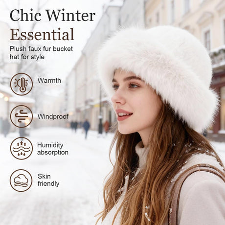 Womens Winter Faux Fur Bucket Hat, Thick Fluffy Fisherman, Winter Warmer Cap for Women