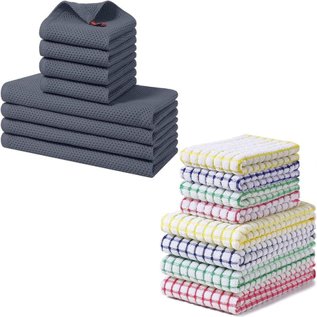 Homaxy 100% Cotton Kitchen Towels and Dishcloths Set(12 x 12 Inches and 13 x 28 Inches, 8 Pack, Dark Grey), Kitchen Towels and Dishcloths Set (16 x 25 and 12 x 12 Inches,8 Pack, Blue/Yellow/Red/Green)