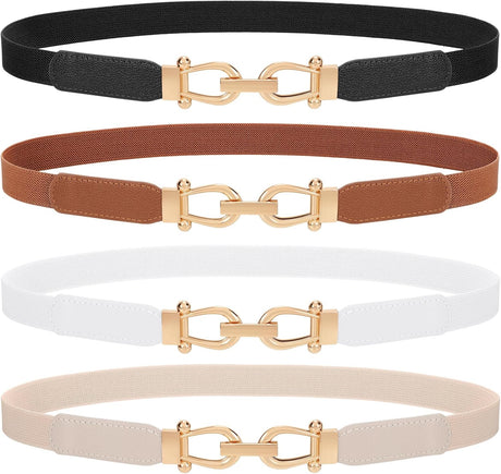 4 Pack Women Skinny Elastic Belts Gold Buckle Thin Stretchy Waist Belts for Dresses
