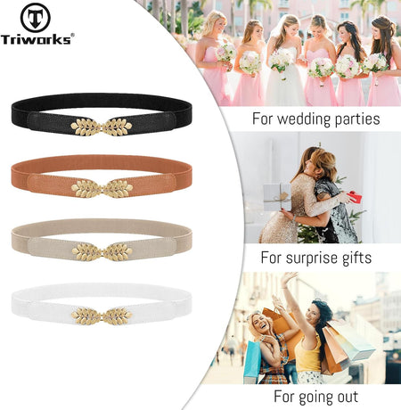 4 Pack Women Skinny Elastic Belt Ladies Fashion Leaf Alloy Buckle Stretchy Thin Waist Belt for Dresses
