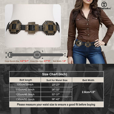 Women Western Concho Leather Belt Cowgirl Boho Belt Chunky for Dresses Concert Festival