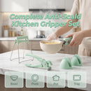 4-Piece Hot Plate Gripper Set, Anti-Scalding Kitchen Bowl Gripper with Silicone Pads, Stainless Steel Clips & Mini Gloves, Holder Tongs for Microwave, Air Fryer, Oven, Steamer (Green)