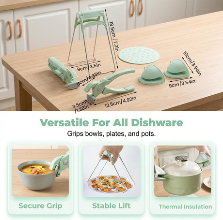 4-Piece Hot Plate Gripper Set, Anti-Scalding Kitchen Bowl Gripper with Silicone Pads, Stainless Steel Clips & Mini Gloves, Holder Tongs for Microwave, Air Fryer, Oven, Steamer (Green)