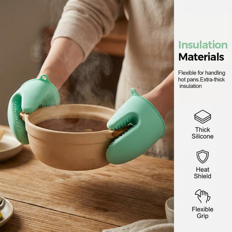 4-Piece Hot Plate Gripper Set, Anti-Scalding Kitchen Bowl Gripper with Silicone Pads, Stainless Steel Clips & Mini Gloves, Holder Tongs for Microwave, Air Fryer, Oven, Steamer (Green)