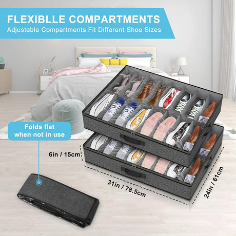 Under Bed Shoe Storage Organizer for Closet, Fits 32 Pairs Underbed Shoes Box Storage Containers Under the Bed Storage Foldable with Sturdy Handles&Clear Window for College Dorms Grey, Set of 2