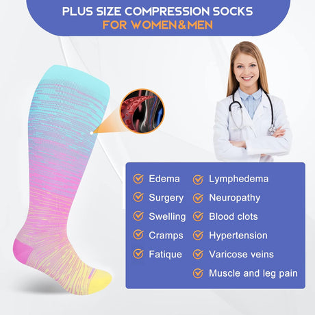 Pl Size Compression Socks for Women Men Wide Calf Extra Large 15-20 mmHg Knee High Sock for Nurses Pregnant Travel