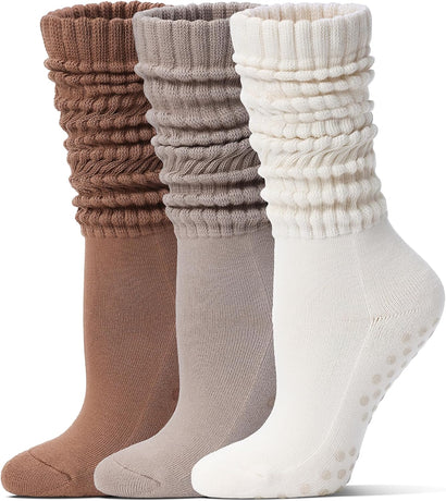 Pilates Socks with Grips for Women Long Slouch Non-Slip Yoga Barre Chioned Workout Scrunch Socks 3 Pairs