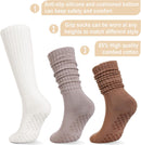 Pilates Socks with Grips for Women Long Slouch Non-Slip Yoga Barre Chioned Workout Scrunch Socks 3 Pairs