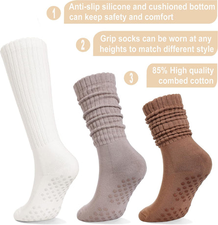Pilates Socks with Grips for Women Long Slouch Non-Slip Yoga Barre Chioned Workout Scrunch Socks 3 Pairs