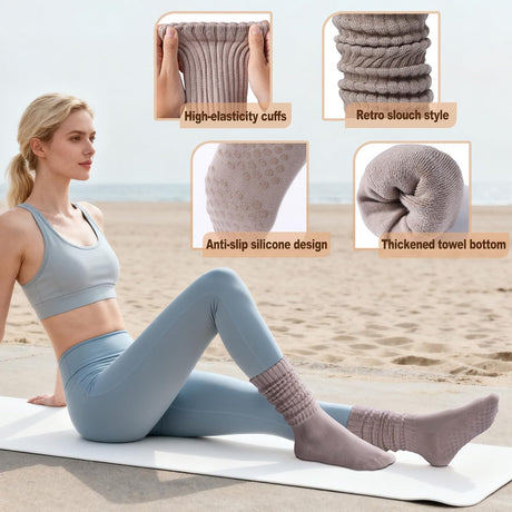 Pilates Socks with Grips for Women Long Slouch Non-Slip Yoga Barre Chioned Workout Scrunch Socks 3 Pairs