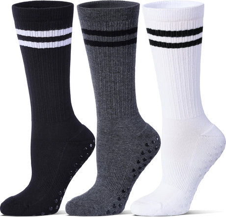 Pilates Grip Socks for Women,Striped Yoga Non Slip Chioned Long Socks for Barre, Dance, Workout 3 Pairs