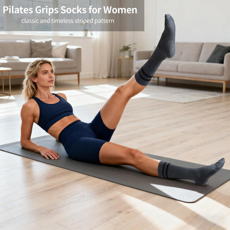 Pilates Grip Socks for Women,Striped Yoga Non Slip Chioned Long Socks for Barre, Dance, Workout 3 Pairs