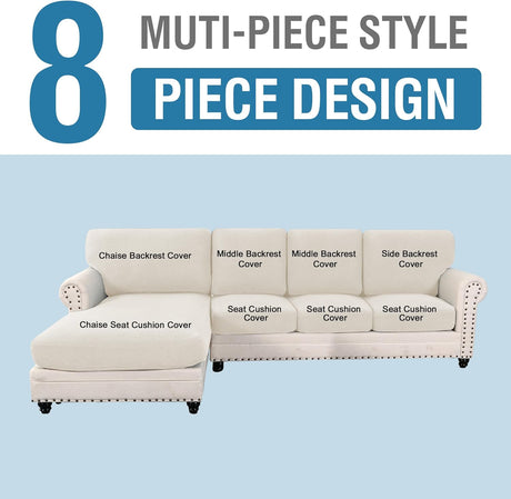 Sectional Couch Covers 8 Pieces Stretch Sofa Covers for Sectional Sofa Set Separate L Shaped Couch Cover for Both Left/Right Couch (Seat and Back: 1 Chaise + 3 Sofa, Ivory)