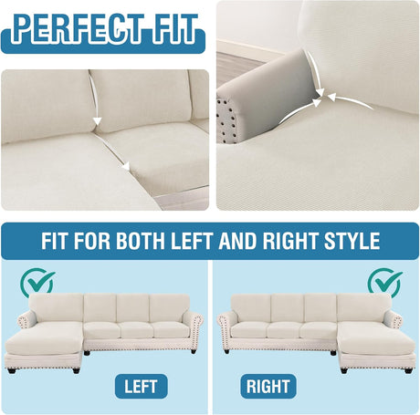 Sectional Couch Covers 8 Pieces Stretch Sofa Covers for Sectional Sofa Set Separate L Shaped Couch Cover for Both Left/Right Couch (Seat and Back: 1 Chaise + 3 Sofa, Ivory)