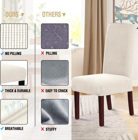 Stretch Dining Chair Covers Set of 6 Chair Covers for Dining Room Parsons Chair Slipcover Chair Protectors Covers Dining, Feature Textured Checked Jacquard Fabric, Ivory