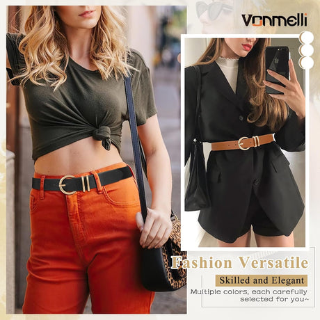 3 Pack Women's Leather Belts for Jeans Dresses Ladies Waist Belt with Fashion Gold Buckle