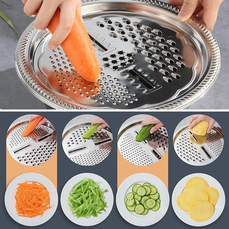 Germany Multifunctional Stainless Steel Basin, Multifunction Stainless Steel Basin with Grater 3 in 1 Vegetable Cutter for Kitchen, Vegetable Slicer Grater Strainer and Drain Basket (10.2 inch)