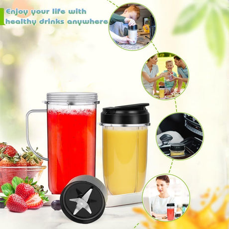 2 Pack Replacement Blender Cups set for magic bullet ，22oz Tall Cup with Flip Top To-Go Lid，16oz Replacement Cup with Cross Blade Replacement Parts Compatible with 250W Magic Bullet MB1001