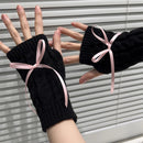 Cable Knitted Hand Warmer Half Finger Mittens with Silky Bowknot, Women's Arm Warmers Sleeve Gloves for Winter