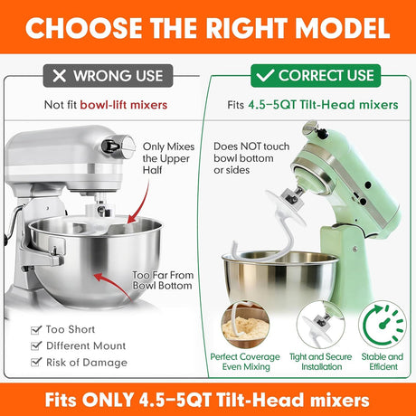 K45DH Dough Hook for KitchenAid 4.5–5 Quart Tilt-Head Stand Mixers, Coated C-Shaped Bread Hook Attachment, Replacement for K45 K45SS KSM90 KSM150, Kneads Pizza & Yeast Dough