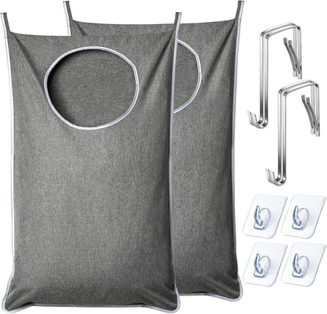 XL Hanging Laundry Hamper, Extra Large Tear-resistance Door Hamper with 2 Types Hooks for Dirty Clothes, Save Bathroom Space Hanging Laundry Bag (36.5x 22 Inch,Grey)