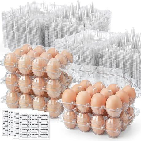 60 PCS 12 Count Plastic Egg Cartons, with 60PCS Date Labels, Clear Reusable Egg Containers Holds for Fresh Medium Eggs Storage, Suitable for Farms, Family, Markets Display