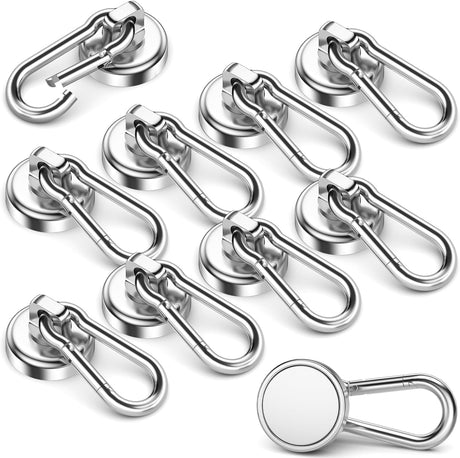 10 Pack Strong Neodymium Magnetic Hooks Heavy Duty with Swivel Carabiner, 70LBS Magnet Hooks for Hanging, Magnet with Hook for Kitchen, Home, Warehouse, School