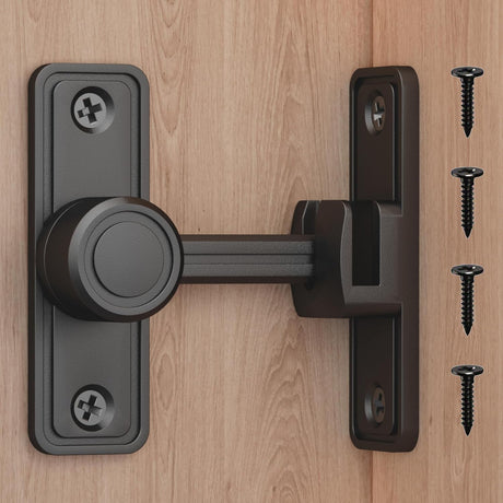 Barn Door Privacy Latch, 90°/180° Swing Slide Lock, Zinc-Alloy, Adhesive or Screw Mount, Interior Use for Bathroom/Bedroom/Closet/Shed, Includes Screws & Glue - Black