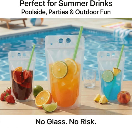 100PCS Drink Pouches with Side Straw Port, Resealable Leak-Resistant Beverage Bags with Straws & Funnel, 17oz Bulk Party Drink Containers for Cocktails, Juice & Slushies