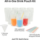 100PCS Drink Pouches with Side Straw Port, Resealable Leak-Resistant Beverage Bags with Straws & Funnel, 17oz Bulk Party Drink Containers for Cocktails, Juice & Slushies