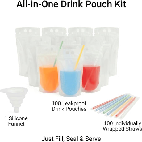 100PCS Drink Pouches with Side Straw Port, Resealable Leak-Resistant Beverage Bags with Straws & Funnel, 17oz Bulk Party Drink Containers for Cocktails, Juice & Slushies