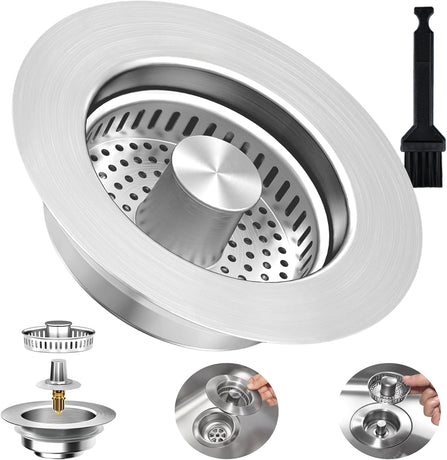3-in-1 Kitchen Sink Drain Strainer Stopper, Upgraded Stainless Steel Sink Plug with Anti-Clog Filter Basket, Fits Standard 3-1/2 Inch Drain Hole, Pop Up Garbage Disposal Cover Food Catcher