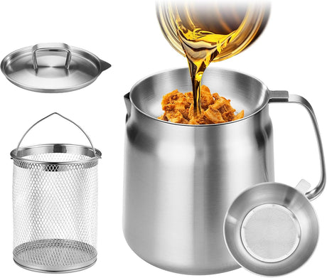 119oz 304 Stainless Steel Deep Fryer Pot with Basket & Strainer, Large Capacity Bacon Grease Container for Kitchen,Frying, Cooking, Camping,Oil Filter Container - Dishwasher Safe (119oz/3.5L/3.7Qt)