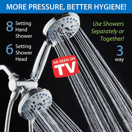 AquaCare As-Seen-On-TV High Pressure 48-setting Rain & Handheld 3-way Shower Head Combo - Anti-clog Nozzles/Tub, Tile & Pet Power Wash/Extra Long 6 ft. Hose/All Chrome Finish