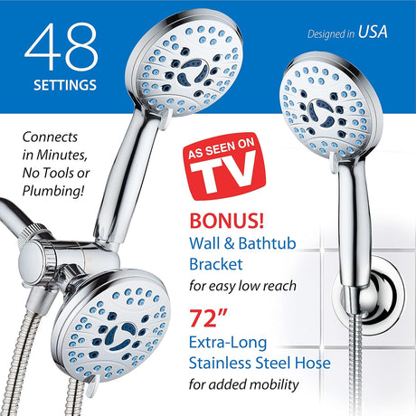 AquaCare As-Seen-On-TV High Pressure 48-setting Rain & Handheld 3-way Shower Head Combo - Anti-clog Nozzles/Tub, Tile & Pet Power Wash/Extra Long 6 ft. Hose/All Chrome Finish