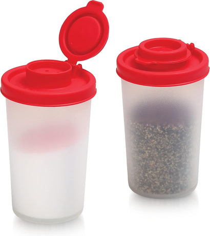 SIGNORAWARE Salt and Pepper Shakers Moisture Proof Set of 2 Large Salt Shaker to go Camping Picnic Outdoors Kitchen Lunch Boxes Travel Spice Set Clear with Red Covers Lids Plastic Airtight Dispenser