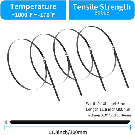 11.8 Inch Metal Zip Ties (200 Pack), 304 Stainless Steel Heavy Duty Zip Ties, 300lbs Tensile Strength, Multi-Purpose Self-locking Cable Ties for Exhaust Wrap, Outdoor and Canopy Etc