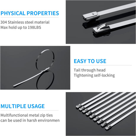 11.8 Inch Metal Zip Ties (200 Pack), 304 Stainless Steel Heavy Duty Zip Ties, 300lbs Tensile Strength, Multi-Purpose Self-locking Cable Ties for Exhaust Wrap, Outdoor and Canopy Etc