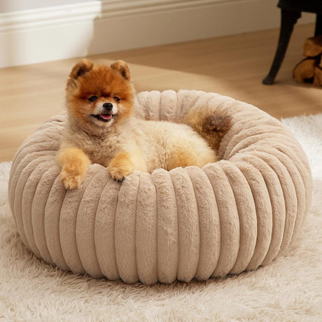 Calming Donut Pet Bed - Faux Rabbit Fur Soft Warm Round Cat Dog Bed - Plush Cozy Cuddler for Small Dogs Cats - Beige M 70cm