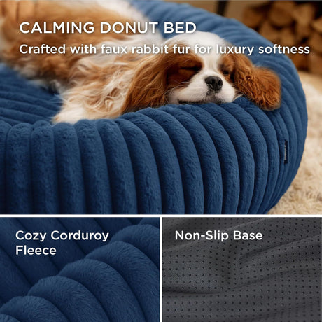 Calming Donut Pet Bed - Faux Rabbit Fur Soft Warm Round Cat Dog Bed - Plush Cozy Cuddler for Small Dogs Cats - Blue XL 90cm