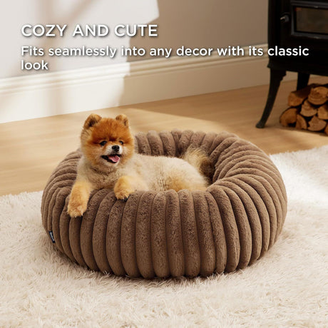 Calming Donut Pet Bed - Faux Rabbit Fur Soft Warm Round Cat Dog Bed - Plush Cozy Cuddler for Small Dogs Cats - Camel S 60cm
