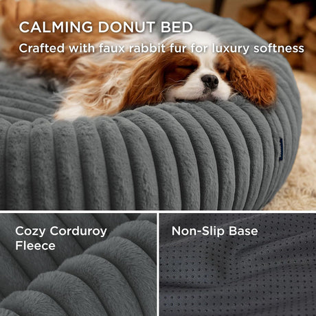 Calming Donut Pet Bed - Faux Rabbit Fur Soft Warm Round Cat Dog Bed - Plush Cozy Cuddler for Small Dogs Cats - Gray XS 50cm