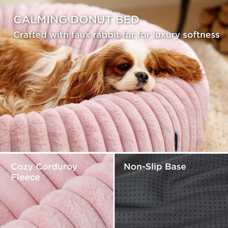 Calming Donut Pet Bed - Faux Rabbit Fur Soft Warm Round Cat Dog Bed - Plush Cozy Cuddler for Small Dogs Cats - Pink S 60cm