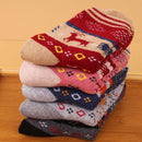Wool Blend Terry Socks 5-Pack - Winter Thick Warm Mid Calf Crew Socks for Women - Snowflake Deer Pattern Cotton Socks - 5 Pairs