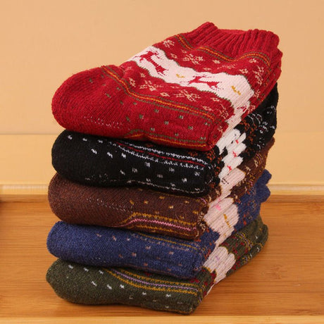 Wool Blend Terry Socks 5-Pack - Winter Thick Warm Mid Calf Crew Socks for Women - Golden Deer Pattern Cotton Socks - 5 Pairs